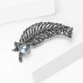 Long Curved Fern Leaf Brooch With Gray Pearl Accent view 3