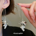 Silver Pearl Grape Cluster Long Hook Earrings with Polished Metal Details view 1