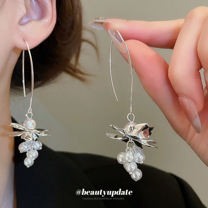 Silver Pearl Grape Cluster Long Hook Earrings with Polished Metal Details
