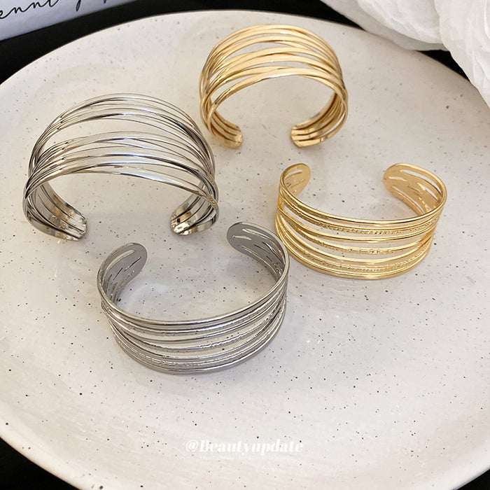 Wide Multi Bar Crossing Open Cuff Bracelet In Gold Or Silver Tone