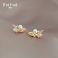 Gold Whale Stud Earrings Pearl Crystal Accent Pair view 1