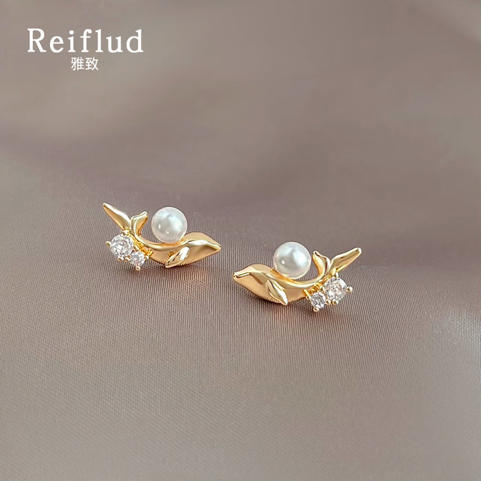 Gold Whale Stud Earrings Pearl Crystal Accent Pair