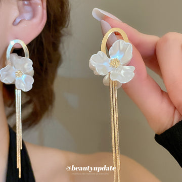White Flower Statement Earrings with Long Gold Chain Tassels