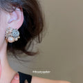 Gray Floral Pearl Stud Earrings with Layered Petal Frames view 3