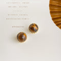 Gold Scalloped Round Tiger Eye Cabochon Stud Earrings view 1