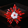 Red Beaded Flower Burst Brooch With White Pearl Center view 2