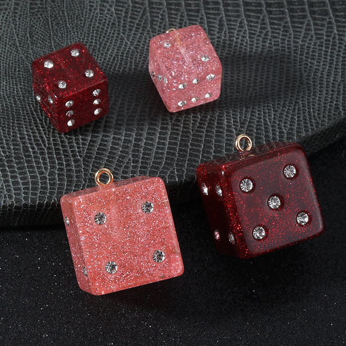 Glitter Resin Dice Charm Pendant with Rhinestone Dots Two Colors Two Sizes