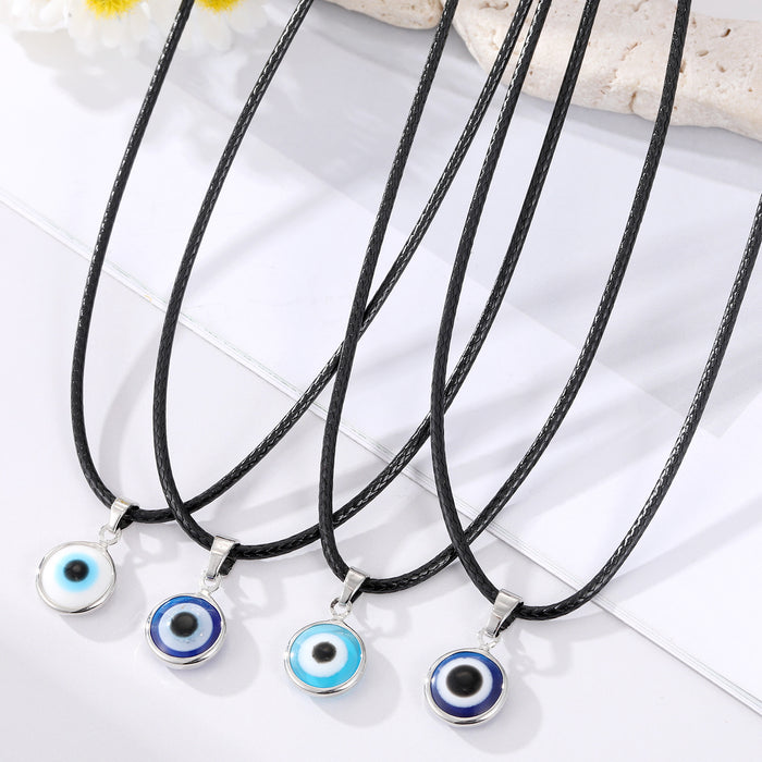 Silver Tone Round Evil Eye Black Cord Pendant Necklaces