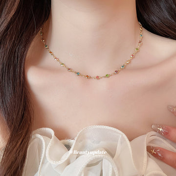 Gold Necklace with Small Multicolor Round Beads for Layered Everyday Styling