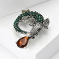 Curled Crocodile Brooch With Green Crystals and Amber Drop view 2