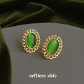 Gold Filigree Oval Green Cat Eye Stud Earrings Pair view 3