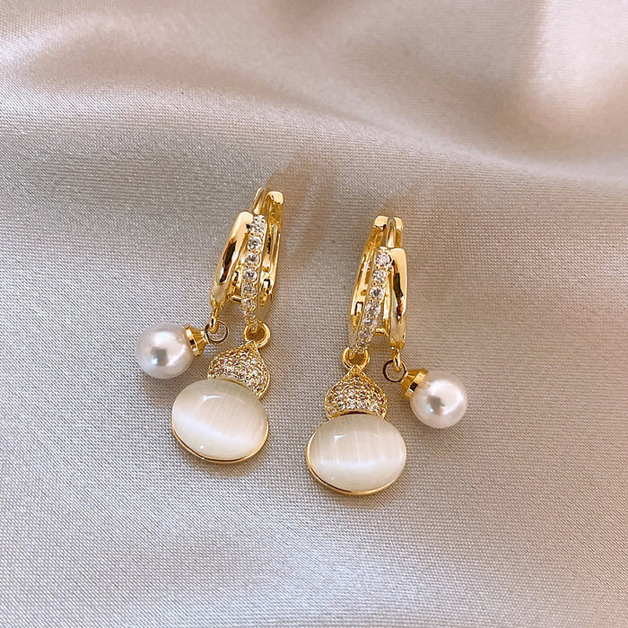 Gold Tone White Gourd And Pearl Charm Hoop Earrings