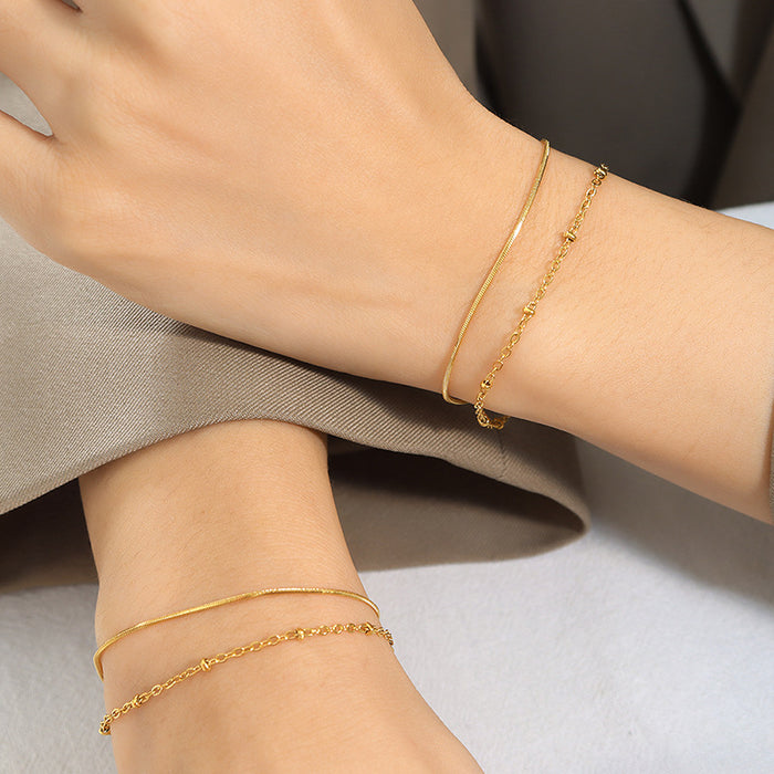 Double Layer Snake and Bead Chain Bracelet Gold Steel