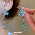 Blue Crystal Butterfly and Teardrop Long Tassel Earrings view 2