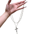 Layered Silver Cross and Beaded Chain Necklace Statement Jewelry Design view 5