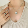 Steel Irregular Disc Green White Zircon Pendant Necklace view 1