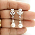 Silver Tone Leaf Crystal Pearl Drop Earrings view 1