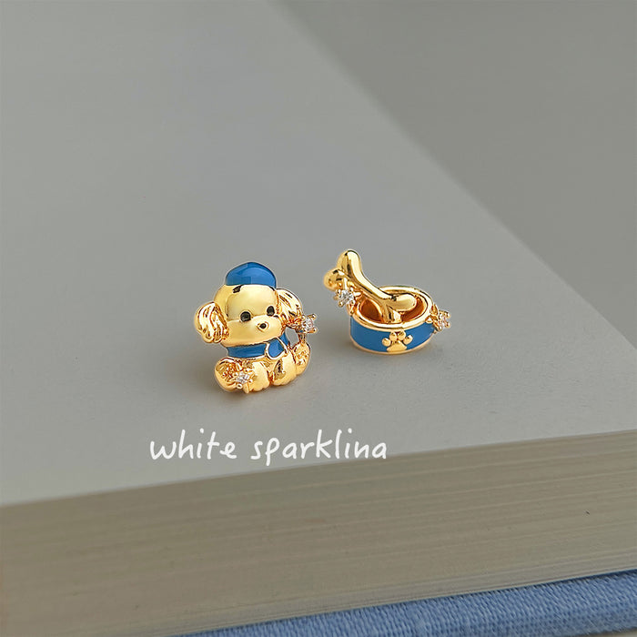 Gold Tone Blue Dog And Bone Asymmetric Stud Earrings