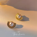 Gold Half Moon Pearl Stud Earrings Ornate Textured Frame view 4