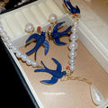 Blue Enamel Swallow Pearl Drop Earrings Gold Tone Pair view 2