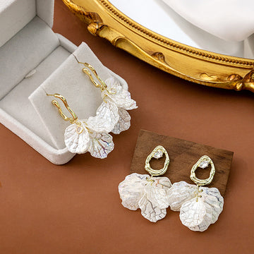 White Crackle Petal Oval and Square Stud Drop Earrings
