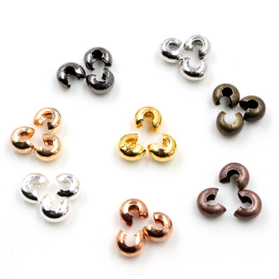 Image 1 showing c-shaped crimp bead covers in three sizes and multiple finishes in the pictured colors and forms