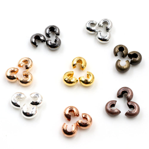 Image 1 showing c-shaped crimp bead covers in three sizes and multiple finishes in the pictured colors and forms