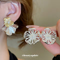 White Openwork Flower and Crystal Cluster Stud Earrings view 2