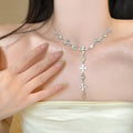 Silver Cross Y Drop Necklace Aurora Crystal Cross Tassel view 4