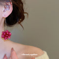 Gold Hook Earrings With Fuchsia Flower Drops Statement Jewelry view 3