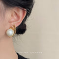 Gold-Tone Openwork Fan Frame Cream Pearl Stud Earrings view 2