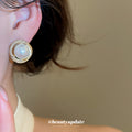 Gold Tone Round Faux Pearl Clear Crystal Stud Earrings view 3