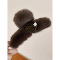 Brown Plush Fur Claw Clip Leopard Heart Rhinestone view 4