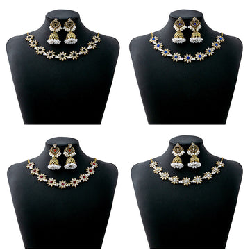 Four Color Ornate Jhumka Necklace and Earring Jewelry Sets