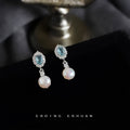 Silver Aqua Blue Crystal Halo Pearl Drop Stud Earrings view 4