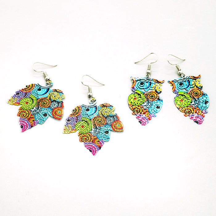 Colorful Printed Owl and Leaf Large Hook Earrings in Two Designs