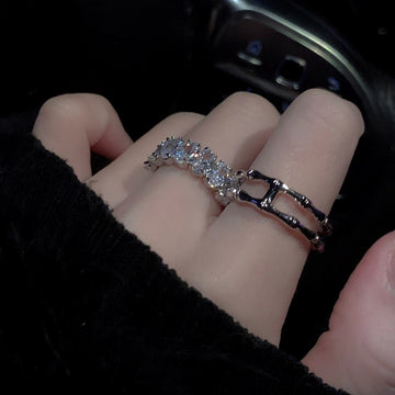 Silver Double Layer Crystal Open Ring Two Piece Set