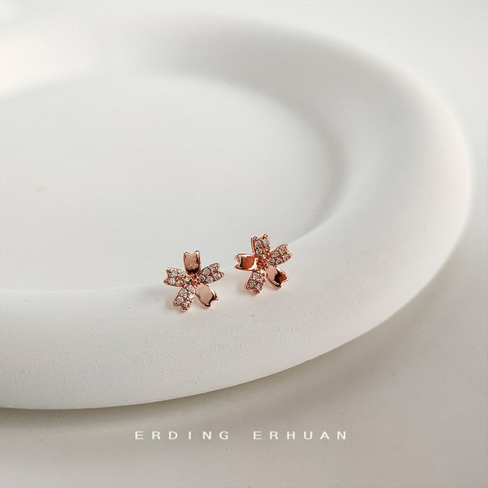 Rose Gold Mini Five Petal Flower Clear CZ Stud Earrings
