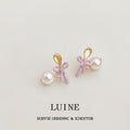 Gold Tone Spoon Top Purple Bow And White Pearl Stud Earrings view 4