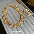 Gold Disc Flower Pearl Collar Necklace Cluster Stud Earrings view 2