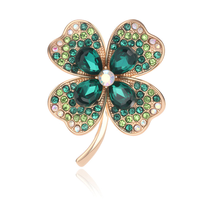 Green Four Leaf Clover Crystal Two Designs Metal Brooch Pin