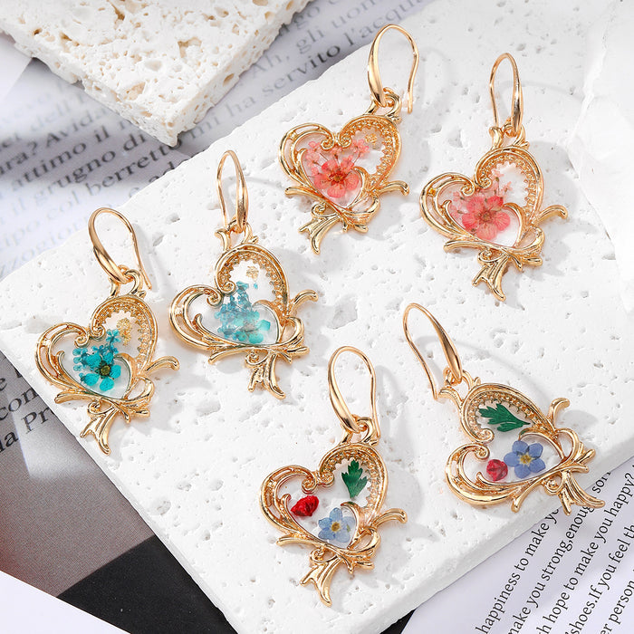 Gold Tone Heart Butterfly Pressed Flower Resin Hook Earrings