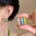 Pastel Crystal Textured C Hoop Earrings in Pink and Yellow view 1