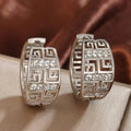 Greek Key Pave CZ Huggie Hoop Earrings Silver Gold Rose view 1