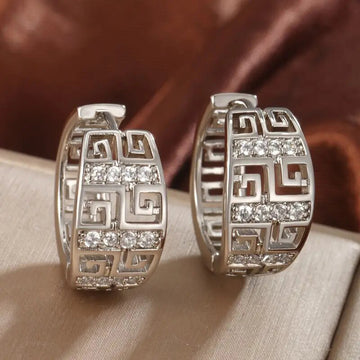 Greek Key Pave CZ Huggie Hoop Earrings Silver Gold Rose