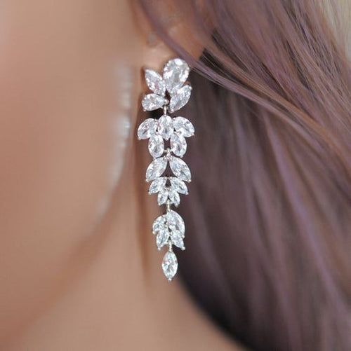 Silver Tone Clear Stone Leaf Cluster Long Drop Earrings shown in product close-up