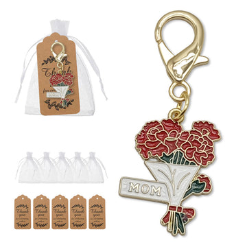 Red Carnation Mom Bouquet Enamel Keychain Gold Clasp