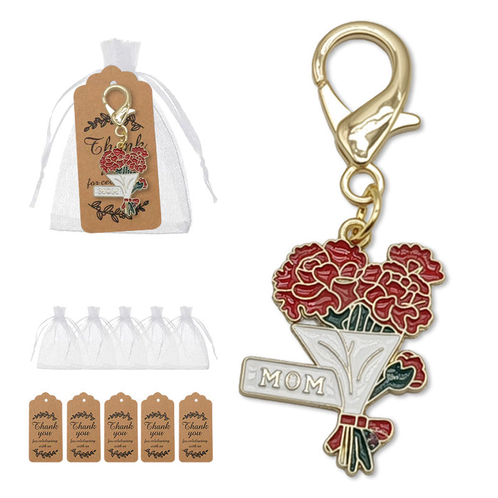 Red Carnation Mom Bouquet Enamel Keychain Gold Clasp