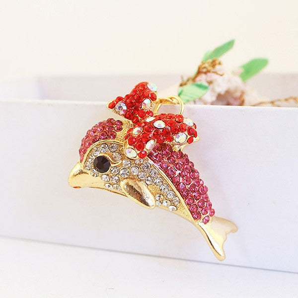 Rhinestone Dolphin Keychain with Bow Zinc Alloy Ocean Animal Bag Charm