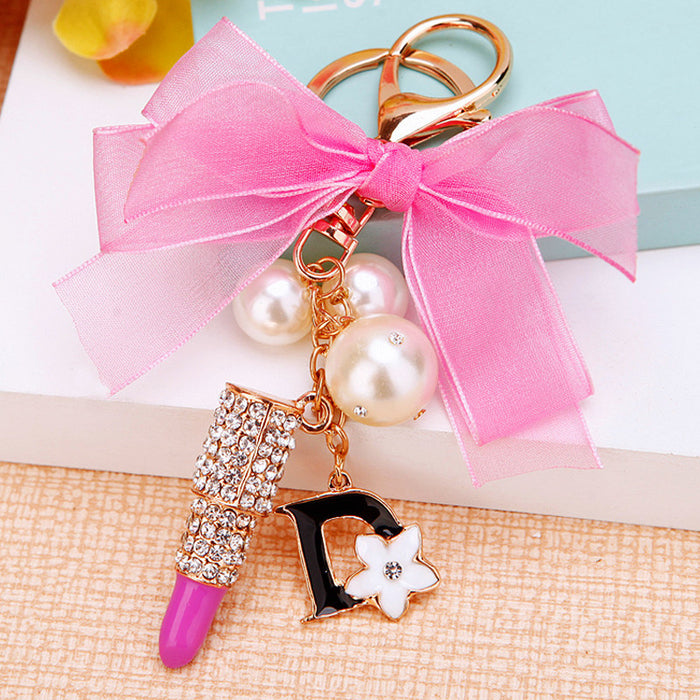 Chiffon Bow Lipstick Keychains in Pink and Fuchsia with Pearl Accents